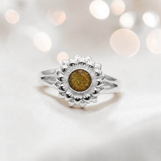 Keepsake Memorial Silver Ladies Sunflower Ashes Ring - Flora