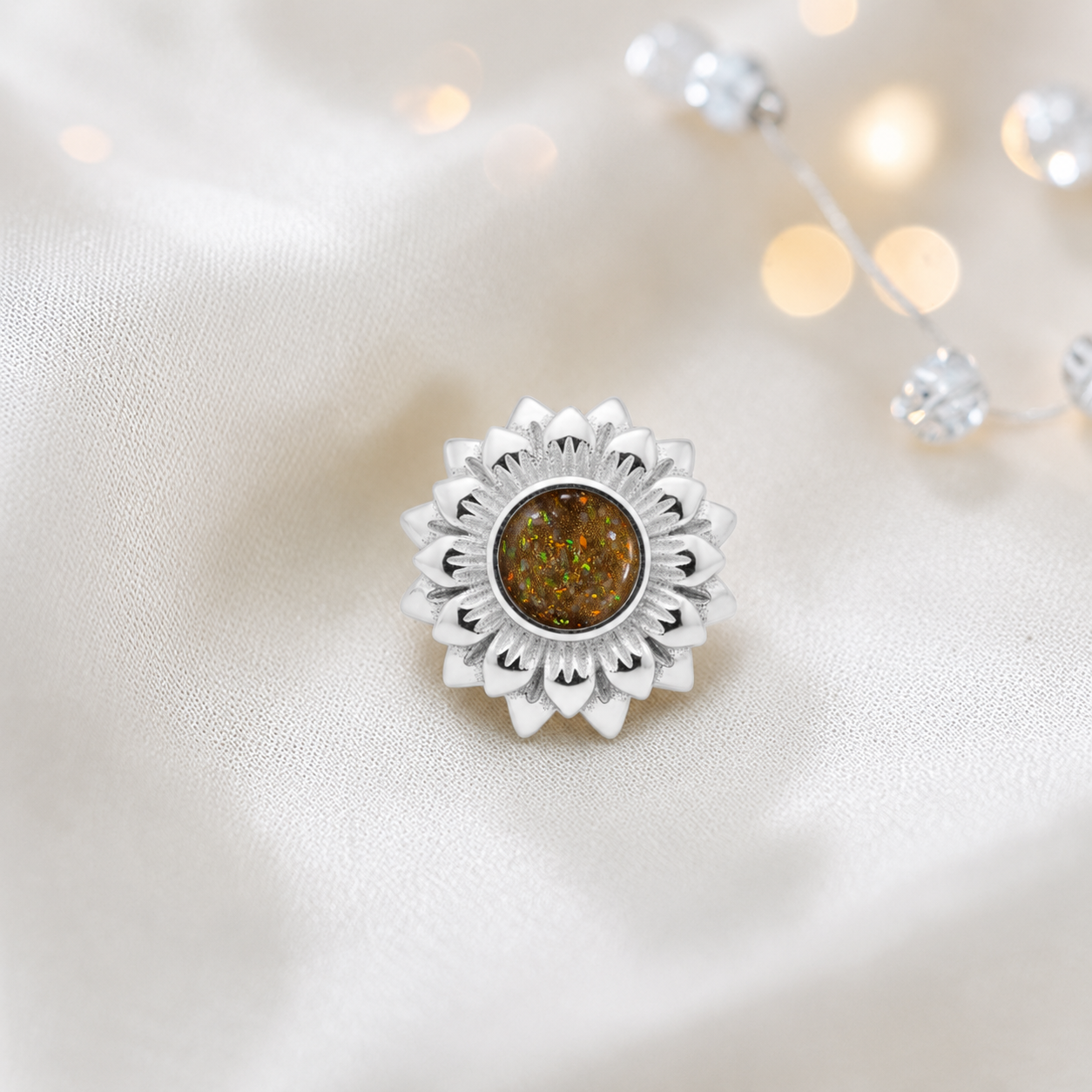 Gold olive sterling silver sunflower ashes memorial charm, handcrafted in Lancashire by keepsake memorial