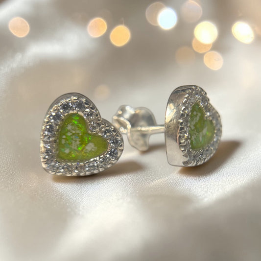Opal Dawn Earrings — silver opal heart ashes memorial earrings, handcrafted in the UK