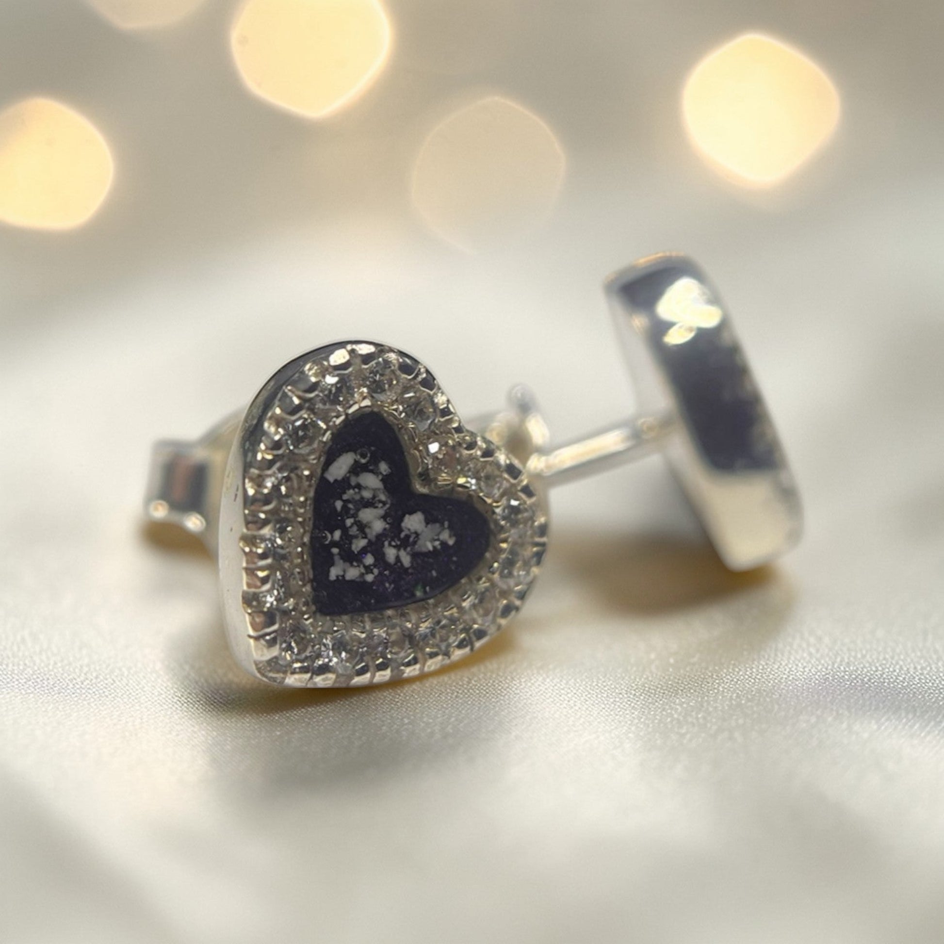 Opal Dawn Earrings — silver heart CZ ashes memorial earrings, handcrafted in Lancashire, UK