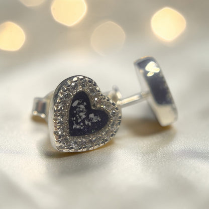 Opal Dawn Earrings — silver heart CZ ashes memorial earrings, handcrafted in Lancashire, UK