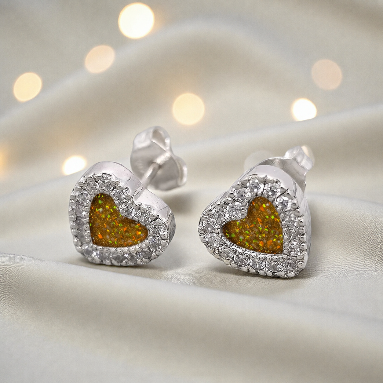 Keepsake Memorial Sterling Silver Heart Ashes Earrings Opal Dawn in Gold Olive - Handcrafted in the UK