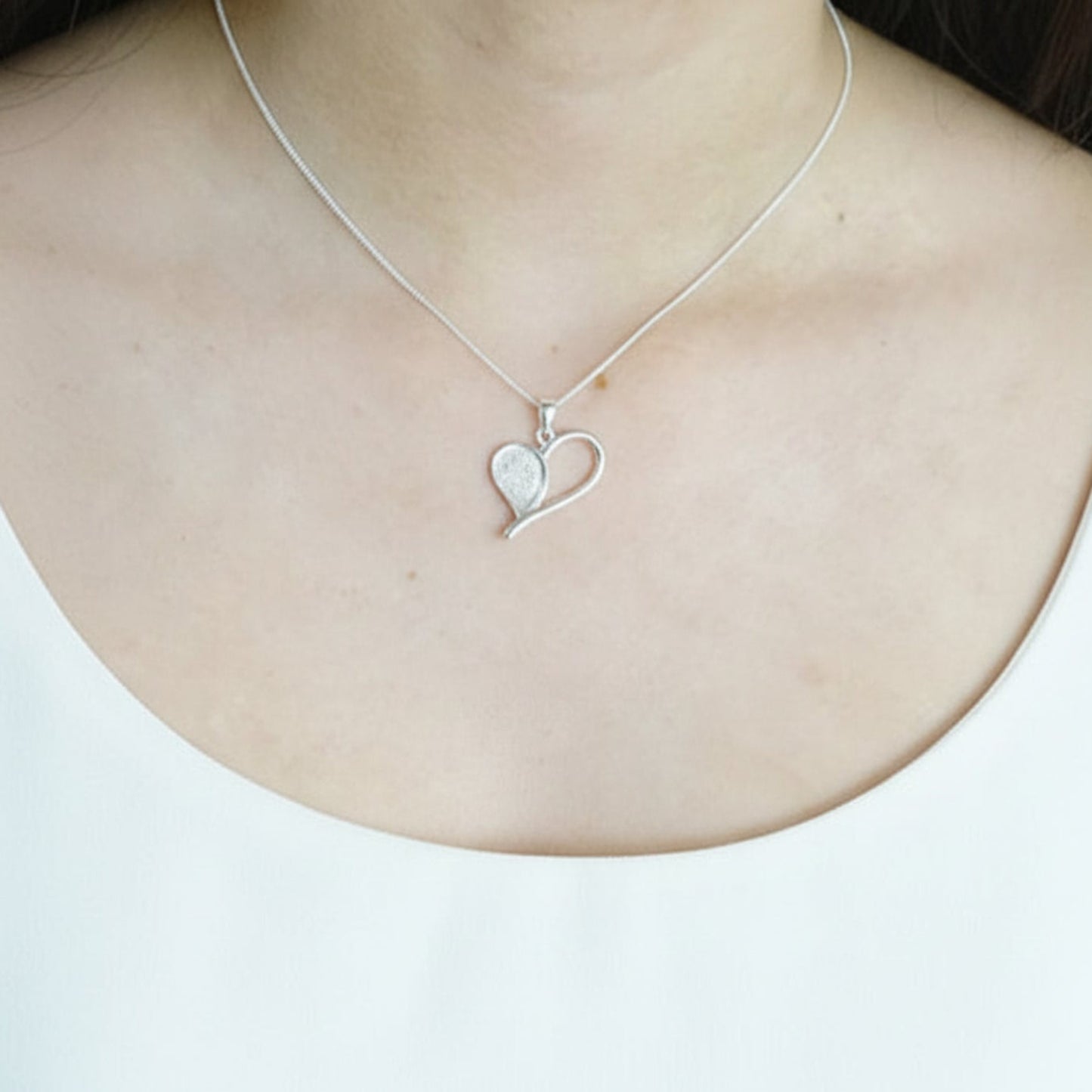 open heart memory necklace on model