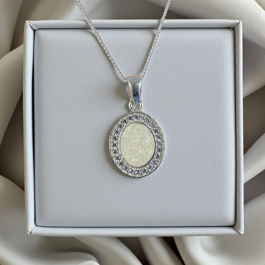Oval with crystal memorial pendant, handcrafted in Lancashire, UK