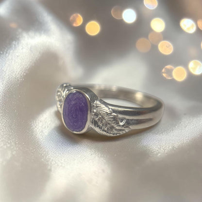 Forever Feather Ring — oval setting feather ashes memorial ring, handcrafted in Lancashire, UK