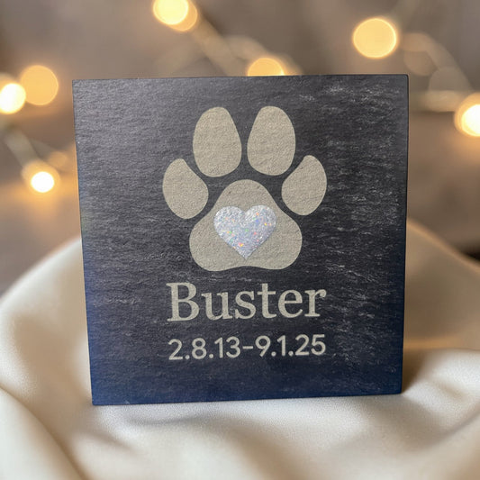 paw and heart slate memorial plaque, handcrafted in lancashire