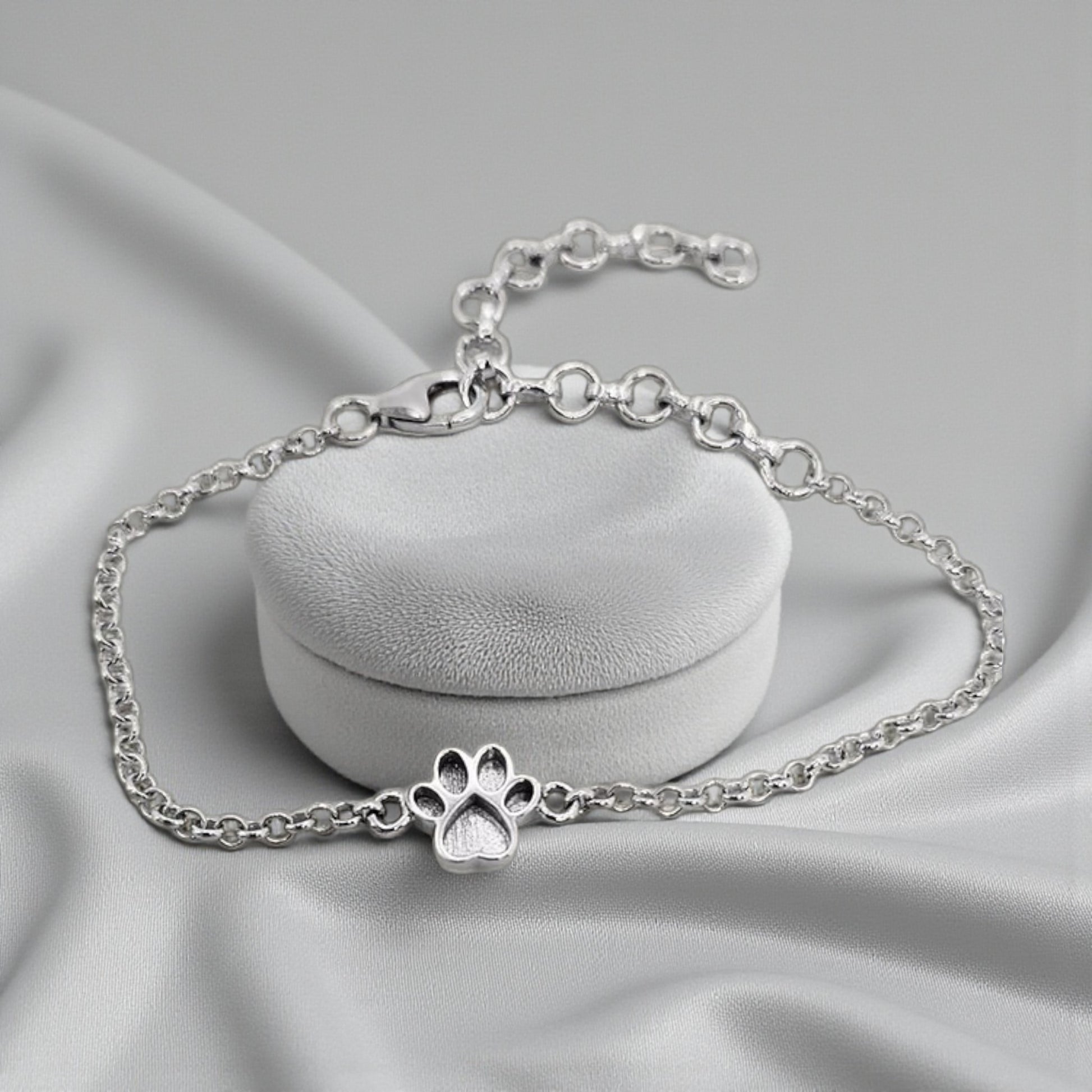 Silver paw print belcher keepsake bracelet, handcrafted in Lancashire, UK
