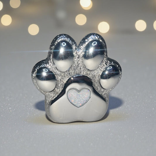 Stainless steel paw print ashes ornament, handcrafted in Lancashire, uk