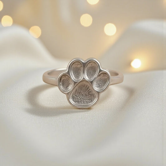 silver paw print memorial ashes ring, handcrafted in lancashire, uk
