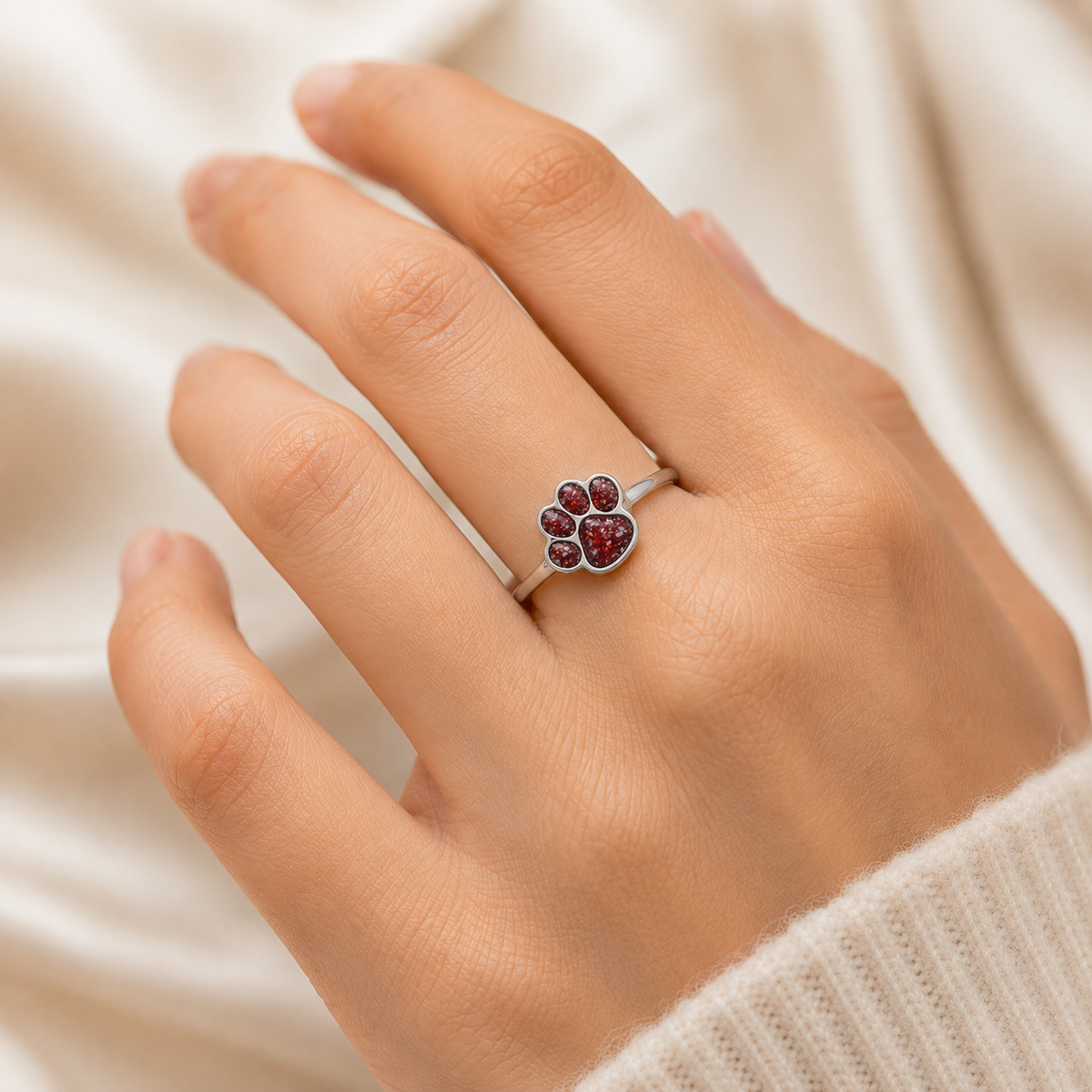Silver Starlight paw ashes ring in ruby red, handcrafted in Lancashire UK - by Keepsake Memorial 