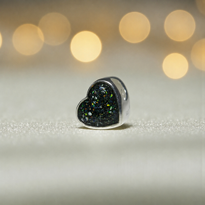 Peaceful heart charm, sterling silver ashes heart charm in black flame, handcrafted in Lancashire UK