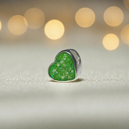 Peaceful heart charm, sterling silver ashes heart charm in fruit green, handcrafted in Lancashire UK