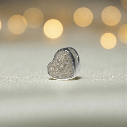Peaceful heart charm, sterling silver ashes heart charm in natural ash, handcrafted in Lancashire UK
