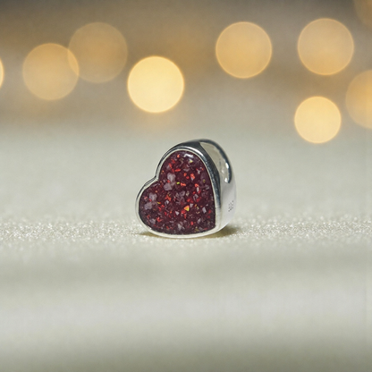 Peaceful heart charm, sterling silver ashes heart charm in ruby red, handcrafted in Lancashire UK