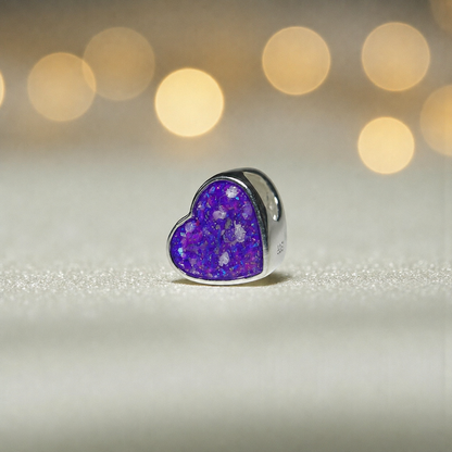 Peaceful heart charm, sterling silver ashes heart charm in sleepy lavender, handcrafted in Lancashire UK