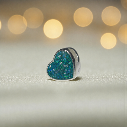 Peaceful heart charm, sterling silver ashes heart charm in teal mist, handcrafted in Lancashire UK