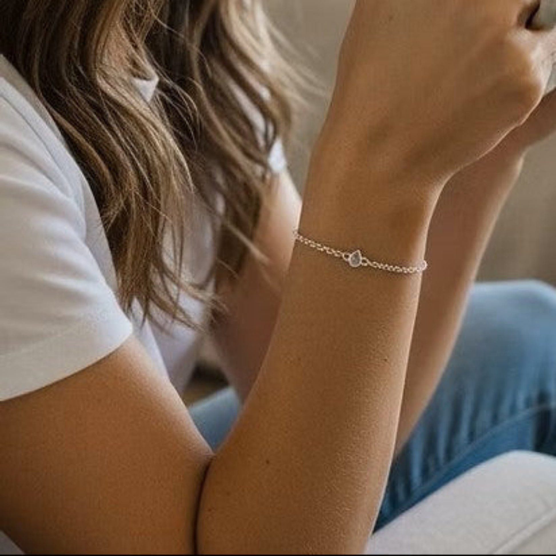 The Haven Bracelet — silver pear ashes memorial belcher bracelet worn on wrist, handcrafted in Lancashire, UK