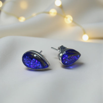 Pure Radiance memorial earrings — sterling silver pear-shaped ashes earrings, handcrafted in Lancashire, UK