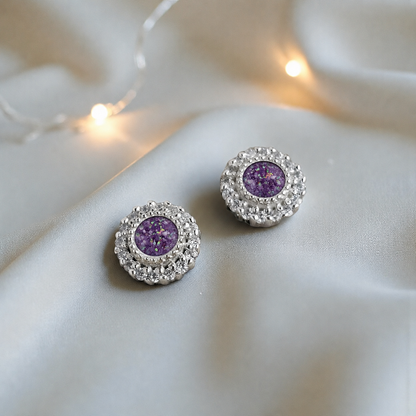 Halo's memorial stud earrings in Rose Pink opal — sterling silver, handcrafted in Lancashire, UK
