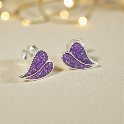 Two Hearts memorial stud earrings in Rose Pink opal — sterling silver, handcrafted in Lancashire, UK