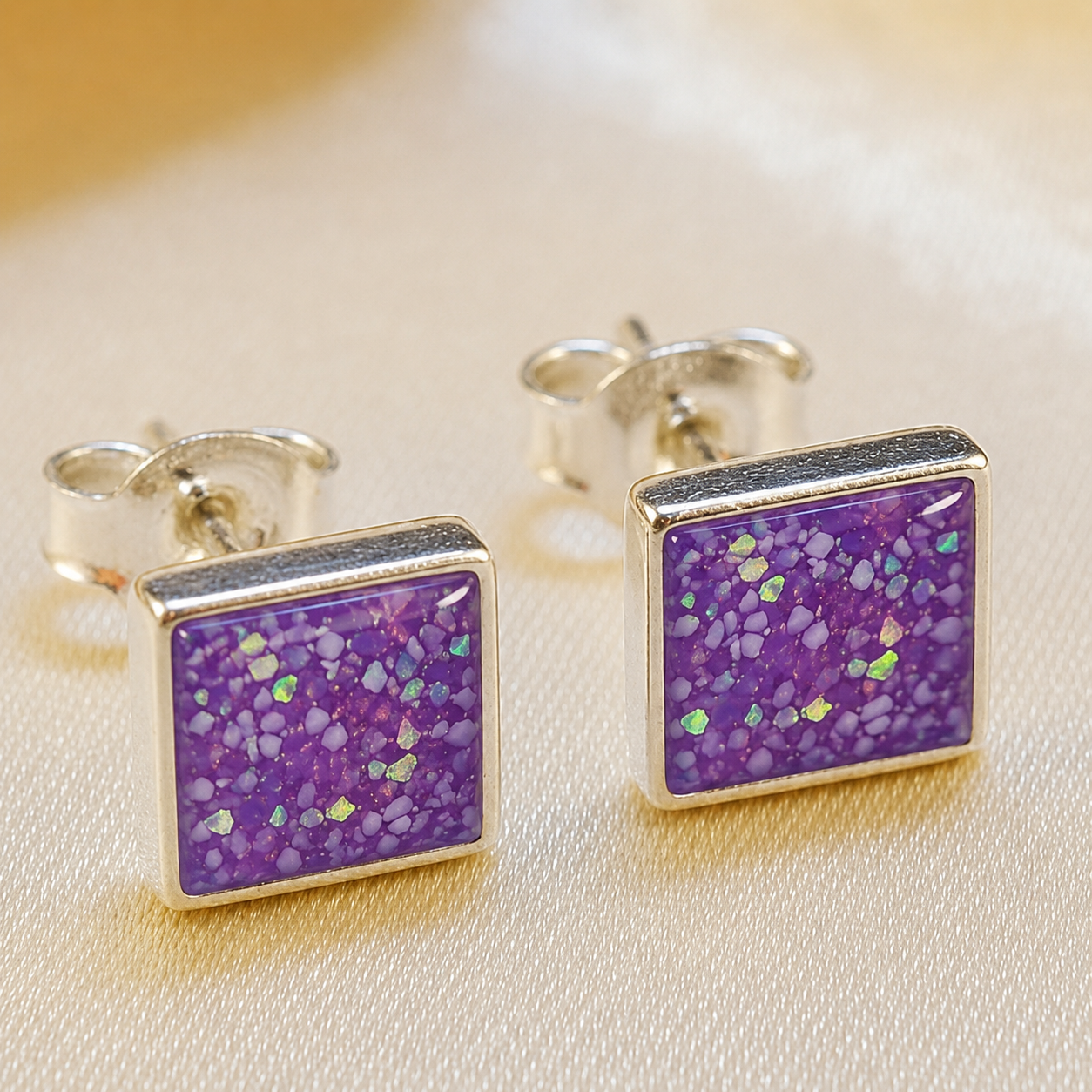 Keepsake Memorial Sterling Silver Square Stud Ashes Earrings Celeste Shine in Rose Pink - Handcrafted in the UK