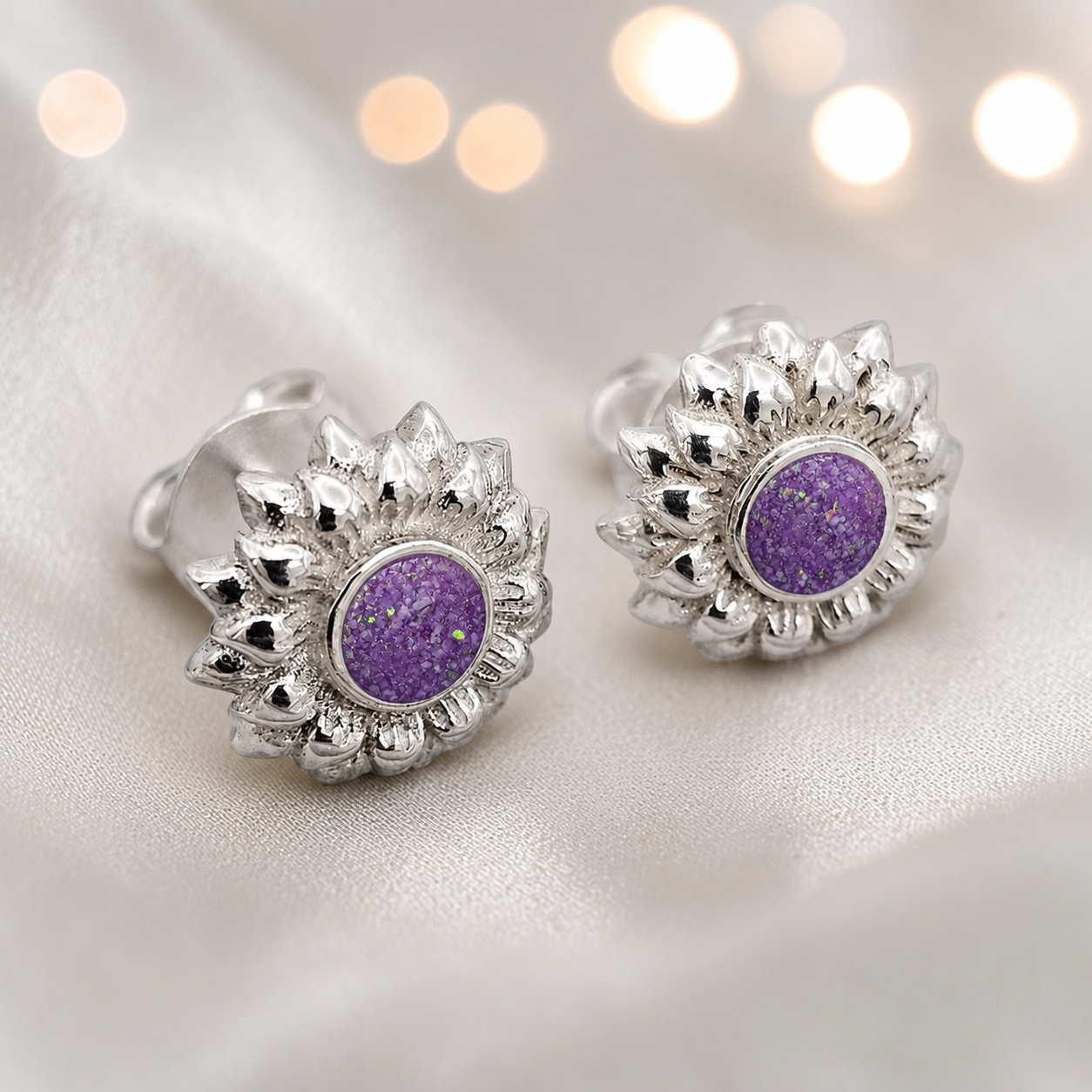 Flora Earrings — silver sunflower ashes memorial stud earrings in Rose Pink resin, handcrafted in Lancashire, UK