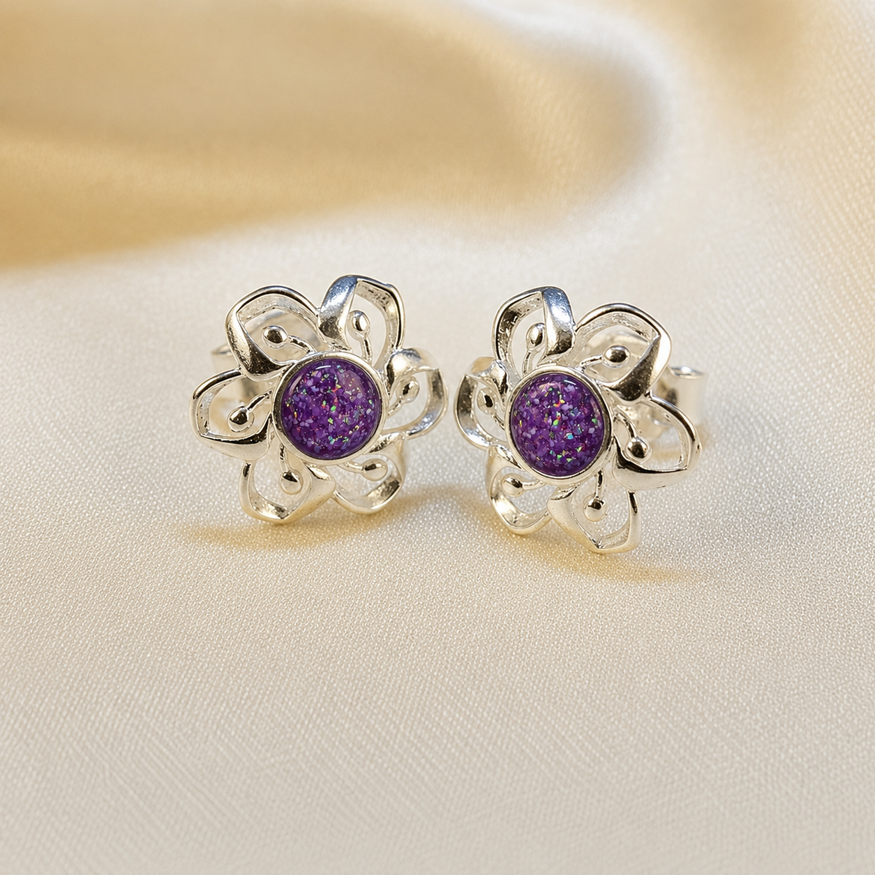 Keepsake Memorial Sterling Silver Ladies Ashes Earrings - Velour Flowers