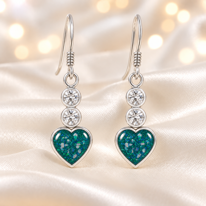 keepsake memorial jewellery silver heart drop ashes earrings handcrafted in Lancashire
