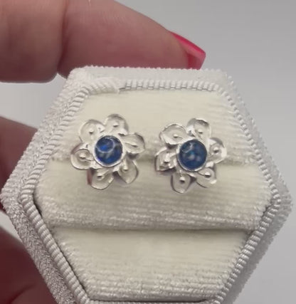 Velour Flower Earrings — silver flower ashes memorial stud earrings, handcrafted in Lancashire, UK