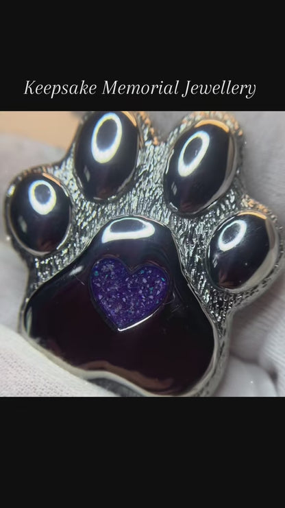 Paw print of love, Stainless steel paw print ashes ornament shown in video , handcrafted in Lancashire, UK - by Keepsake Memorial Jewellery