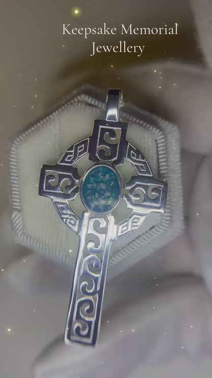 Anam sterling silver Celtic cross memorial pendant, 55mm, handcrafted in Lancashire UK by Keepsake Memorial Jewellery