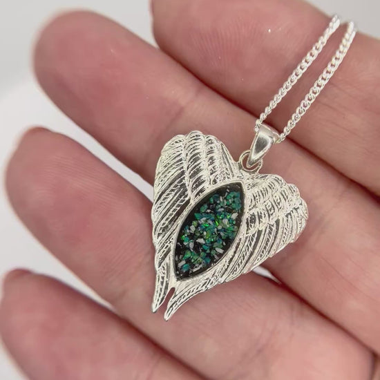 Tayga silver angel wings ashes memorial pendant, handcrafted in the UK