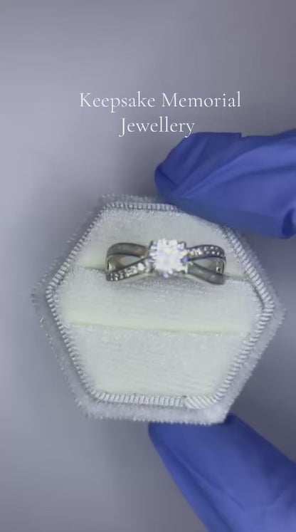 Keepsake Memorial silver ladies solitaire CZ ashes ring - Infinity, shown rotating to display all angles
