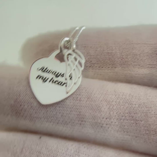 silver rectangle engraving keepsake pendant, with angel wing, handcrafted in uk
