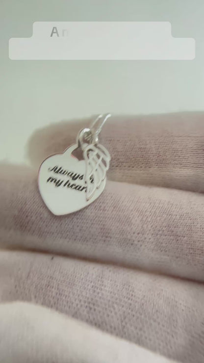 silver rectangle engraving keepsake pendant, with angel wing, handcrafted in uk