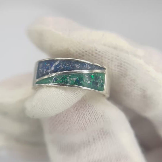 Two Paths men's sterling silver split channel memorial band ring, handcrafted in Lancashire UK by Keepsake Memorial Jewellery