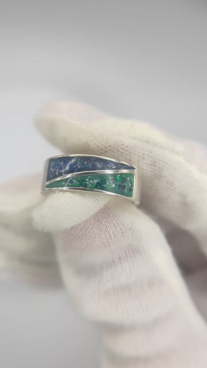Two Paths men's sterling silver split channel memorial band ring, handcrafted in Lancashire UK by Keepsake Memorial Jewellery