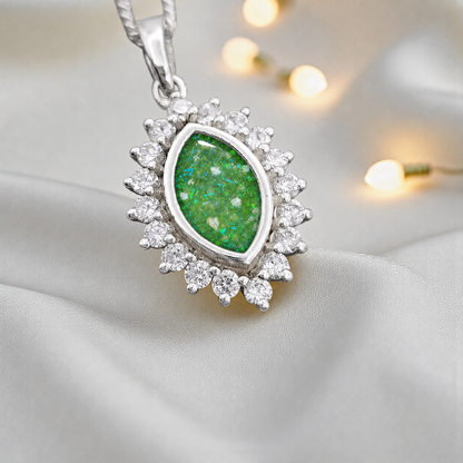Princess CZ oval ashes pendant in fruit green , handcrafted in Lancashire UK