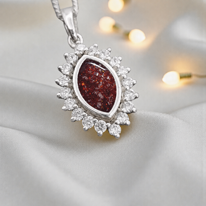 Princess CZ oval ashes pendant in ruby red, handcrafted in Lancashire UK