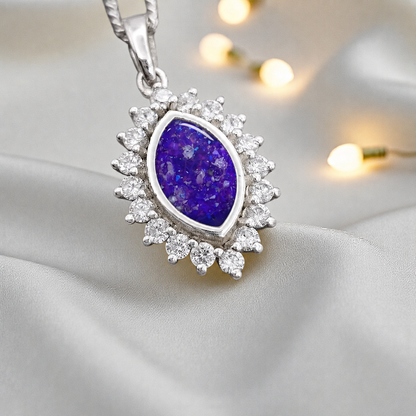 Princess CZ oval ashes pendant in sleepy lavender , handcrafted in Lancashire UK