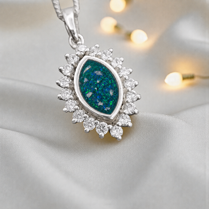 Princess CZ oval ashes pendant in teal mist, handcrafted in Lancashire UK