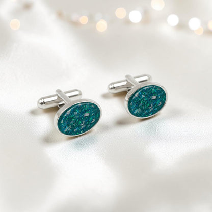 Teal mist Pulse sterling silver oval memorial ashes cufflinks, handcrafted in Lancashire UK