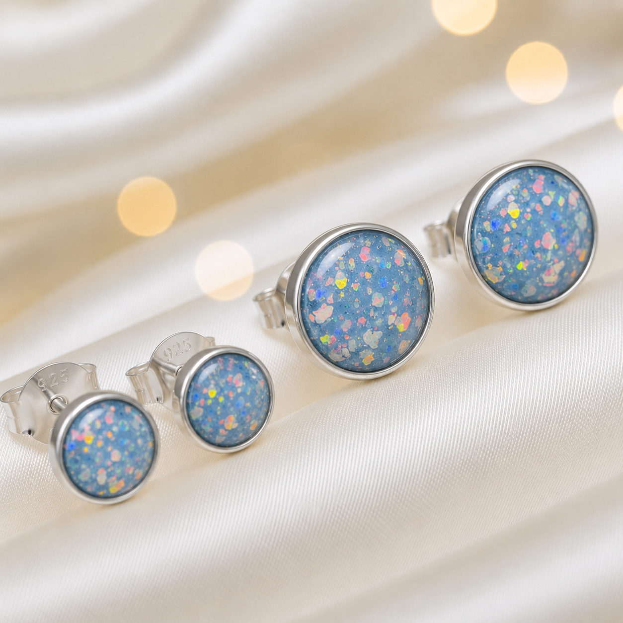Radiance Earrings — silver round ashes memorial stud earrings in Baby Blue resin, handcrafted in Lancashire, UK