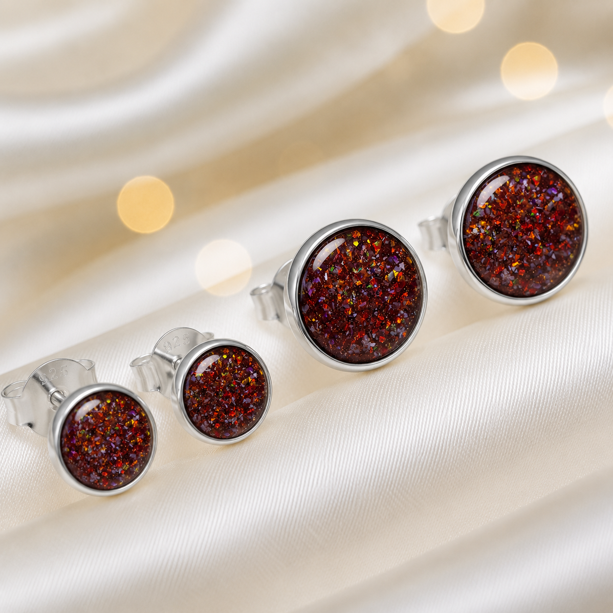 Radiance Earrings — silver round ashes memorial stud earrings in Copper Mocha resin, handcrafted in Lancashire, UK