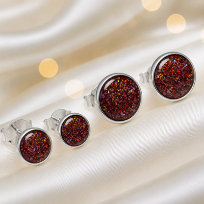 Radiance Earrings — silver round ashes memorial stud earrings in Copper Mocha resin, handcrafted in Lancashire, UK