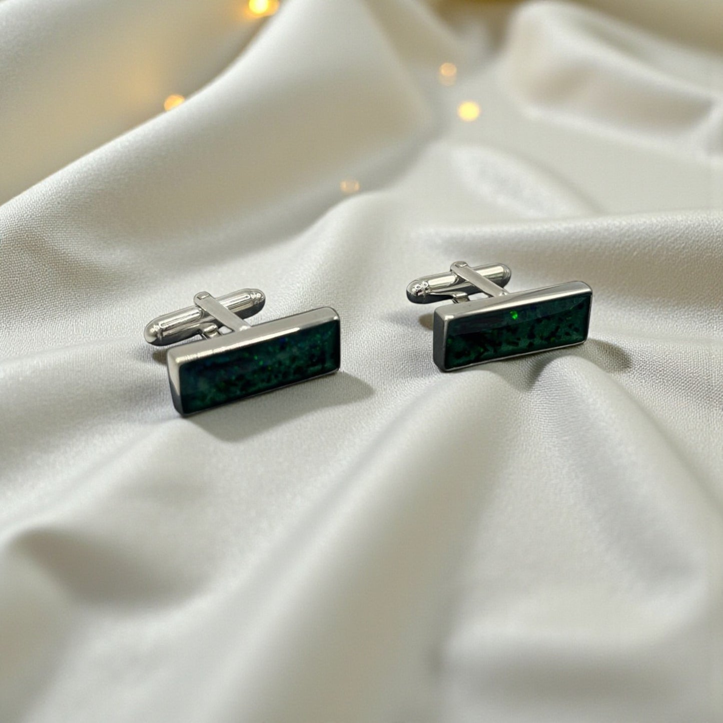 silver rectangle ashes cufflinks, handcrafted in lancashire, uk
