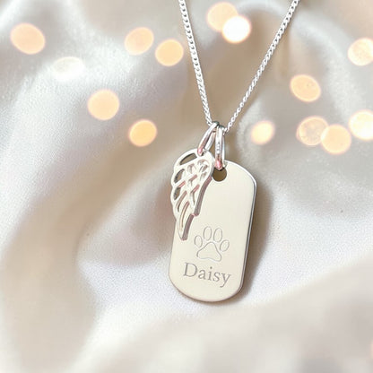 silver rectangle engraving keepsake pendant, with angel wing, handcrafted in uk