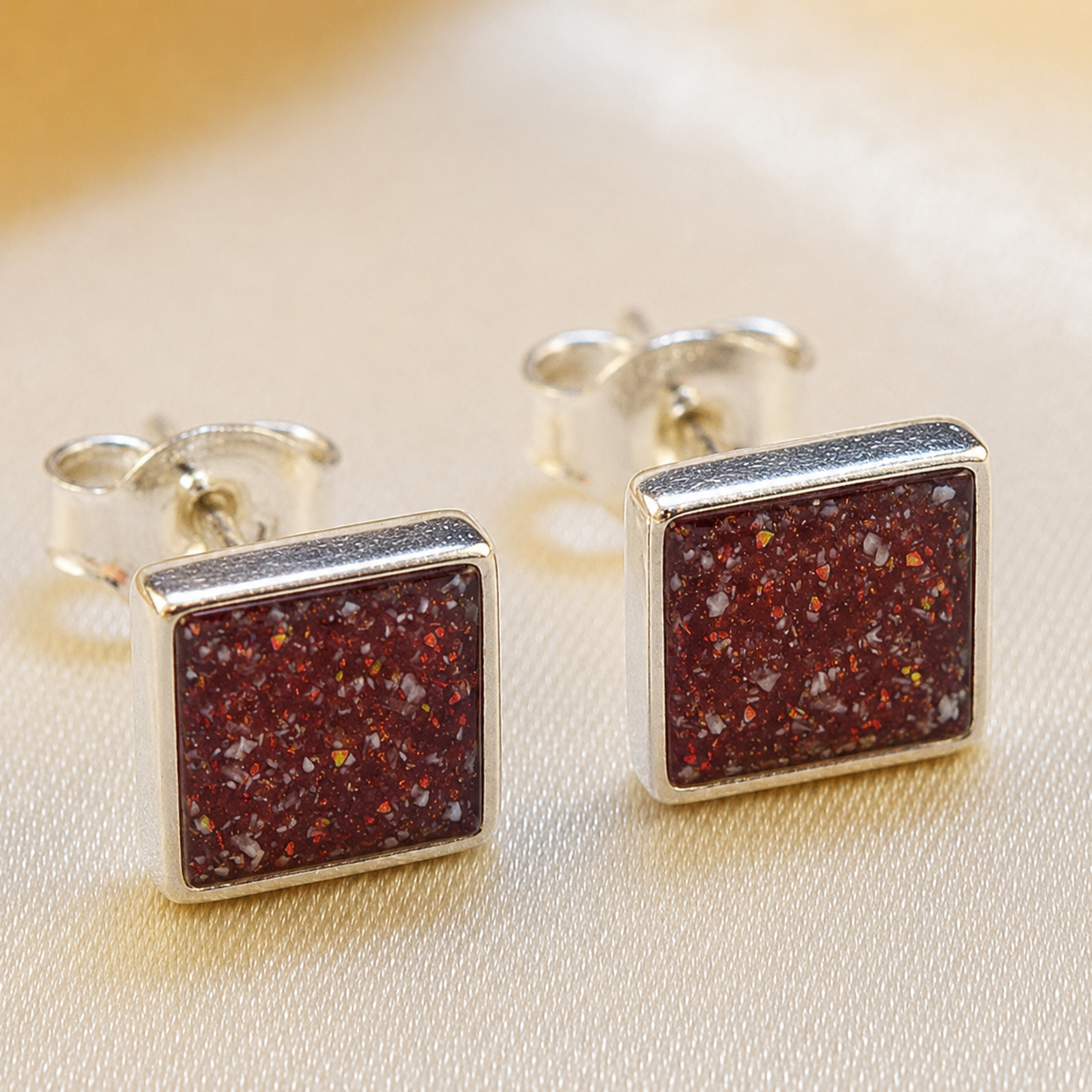 Keepsake Memorial Sterling Silver Square Stud Ashes Earrings Celeste Shine in Ruby Red - Handcrafted in the UK