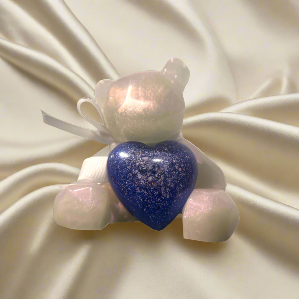 resin memorial bear with ashes heart, handcrafted in Lancashire