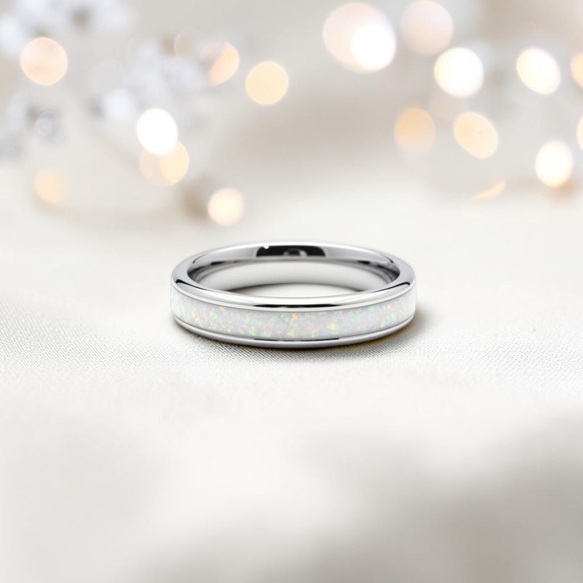 White Snow Ridge unisex stainless steel channel memorial ring, handcrafted in Lancashire UK by Keepsake Memorial Jewellery